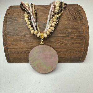 Mother of Pearl? Pendant Mixed Stones Tiger Eyes‎ Multi-Stand Gold Tone Necklace